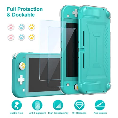 Switch Lite Carrying Case - Turquoise + Switch Game Case + Switch Lite Screen Protector + Switch Stand + Switch Thumb Grips