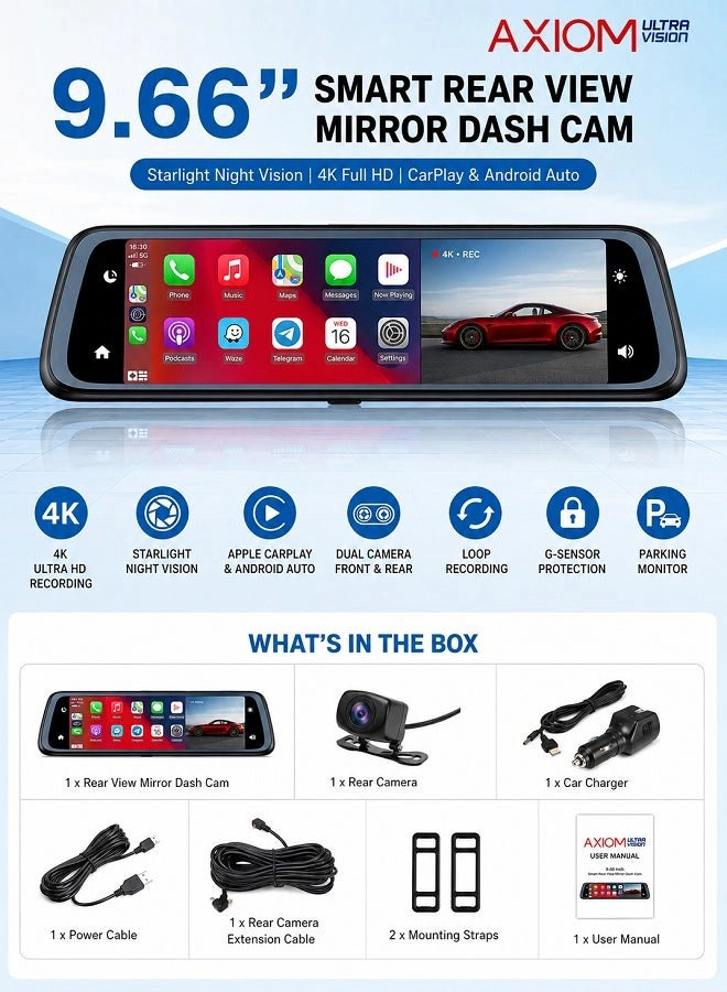 Axiom General Smart Rear View Mirror Dash Cam - 4K