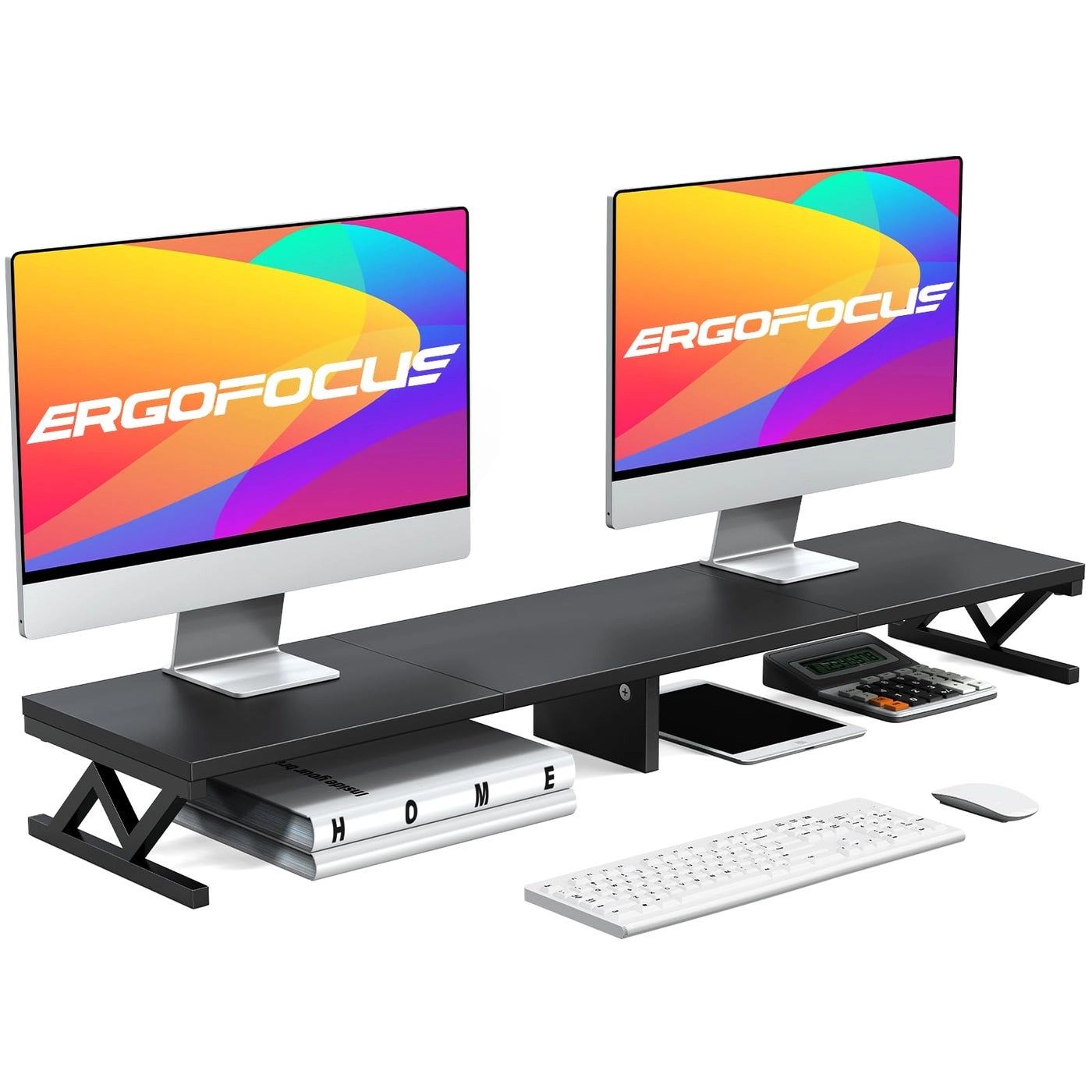 ErgoFocus Dual Monitor Stand Riser - Large Wood with Storage