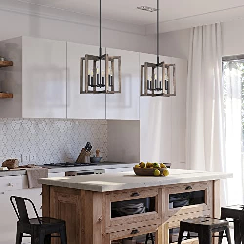 Rustic Farmhouse Hanging Kitchen Island Chandelier - 6 Light Pine Wood Black Metal Frame