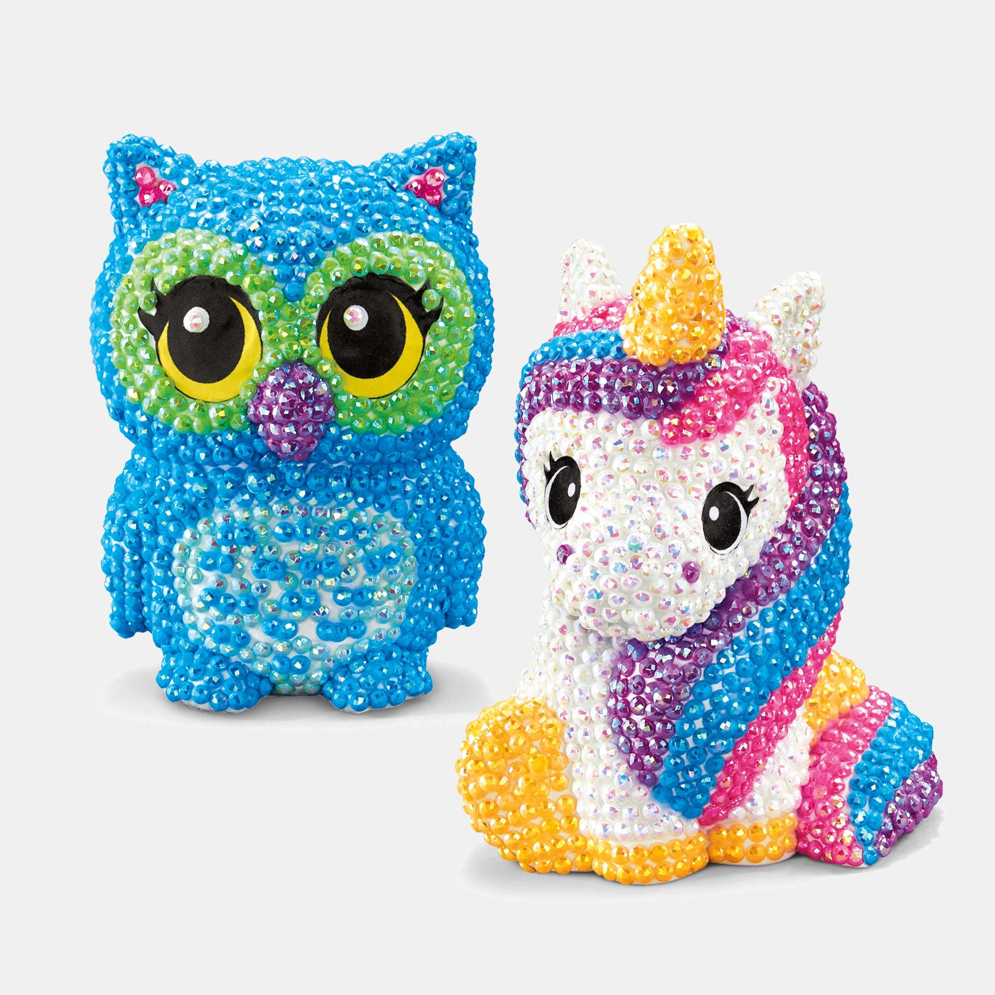 Cra-Z-Art 3D Crystal Gem Creations - 2 Figurines Owl & Unicorn Hundreds Of Colorful Crystal Gems
