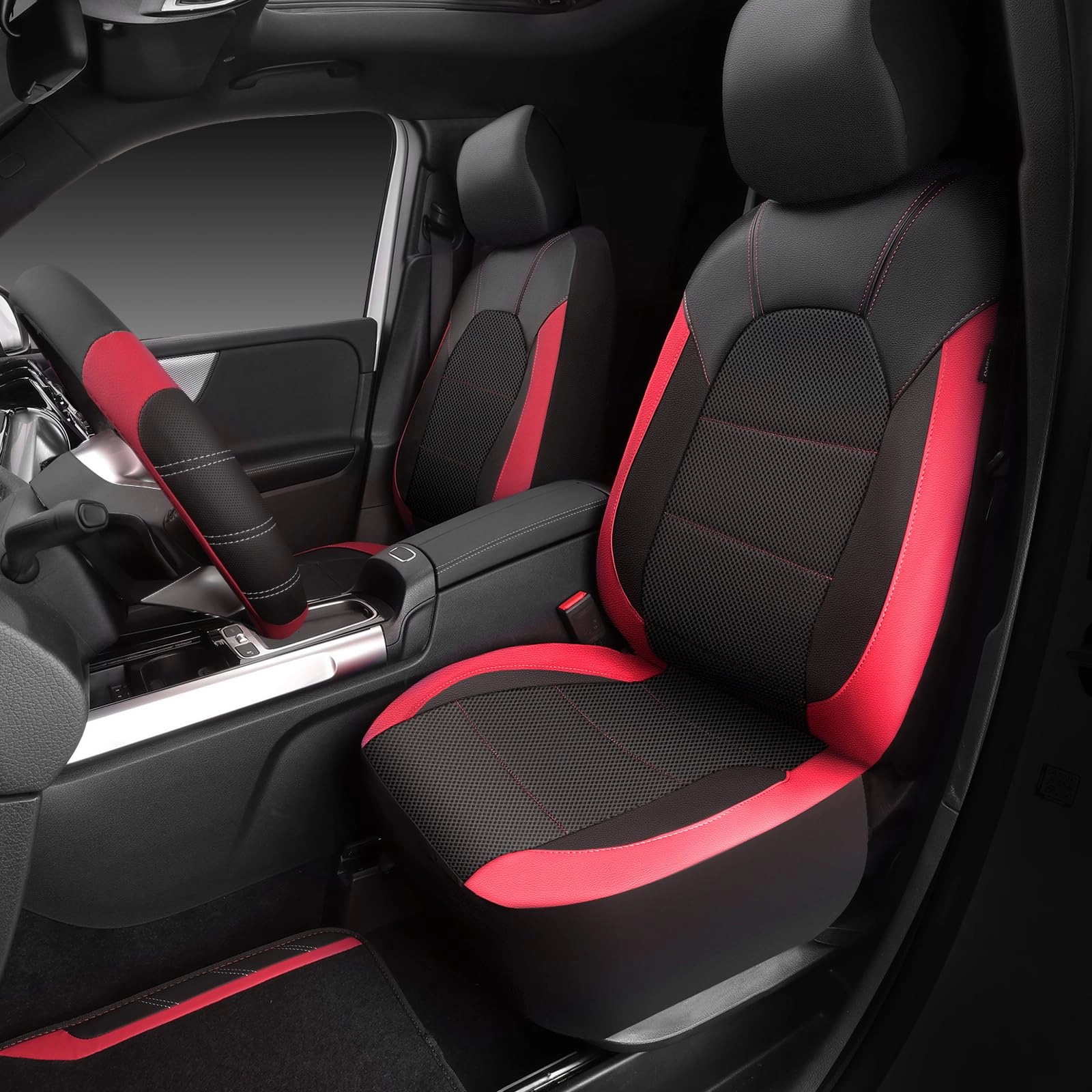 Car Seat Covers - Air Mesh Leather + Car Floor Mats - Waterproof + Steering Wheel Cover - Sporty