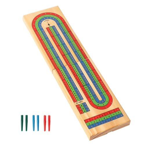 Three-Track Cribbage Board - Multi-Color Wooden 2 Deck Playing Cards