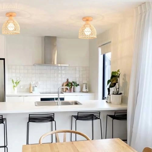 Retro Rattan and Wood Bohemian Design Ceiling Light