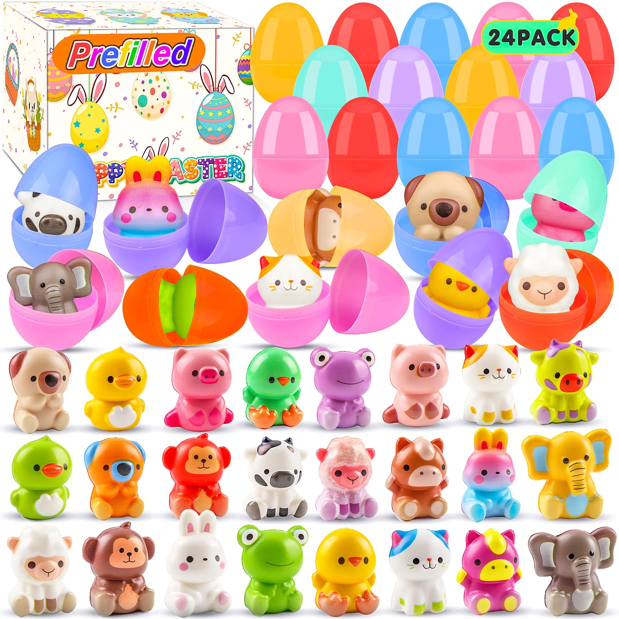 KissFuture Prefilled Easter Eggs - 24 Pack Animal Squishy Toys