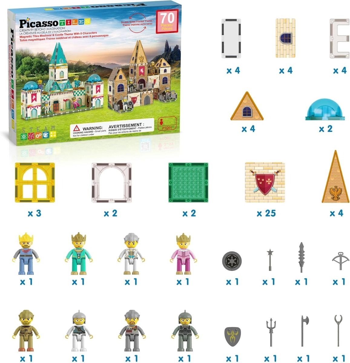 Magnetic Tiles - 8 Characters Medieval Castle Theme 70 pcs