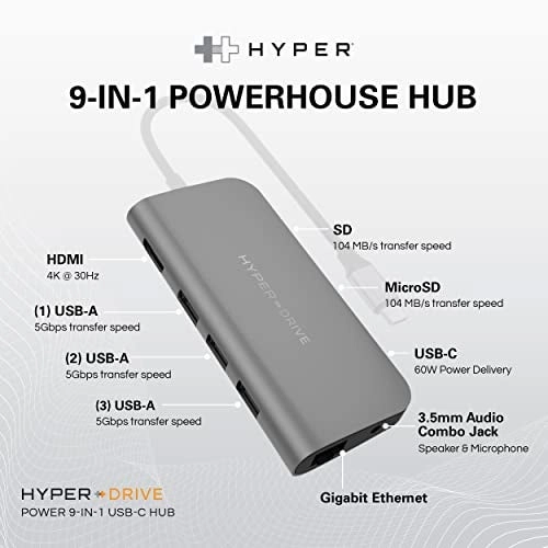 Hyperdrive Power 9-in-1 USB C HUB - 60W PD HDMI 4K30Hz Gigabit Ethernet