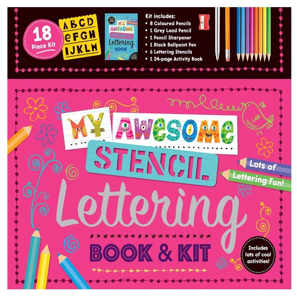 Edu Fun My Awesome Stencil Lettering Kit - 8 coloured pencils, 1 grey lead pencil, a pencil sharpener, 1 black ballpoint pen, 6 lettering stencils and an activity book