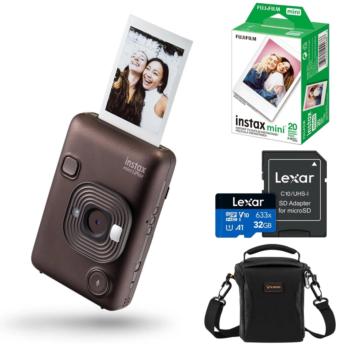 INSTAX Mini LiPlay - Hybrid Instant Camera + INSTAX Mini Twin Film Pack - 20 Sheets + 32GB microSD Card + USB Charging Cable + Hand Strap + Camera and Lens Cleaning Cloth - Grey