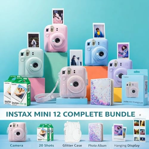 INSTAX Mini 12 + INSTAX Mini Film - 54mm x 86mm + Clear Glitter Protective Camera Case + Mini Photo Album - 64-Pocket + Hanging Wall Photo Display