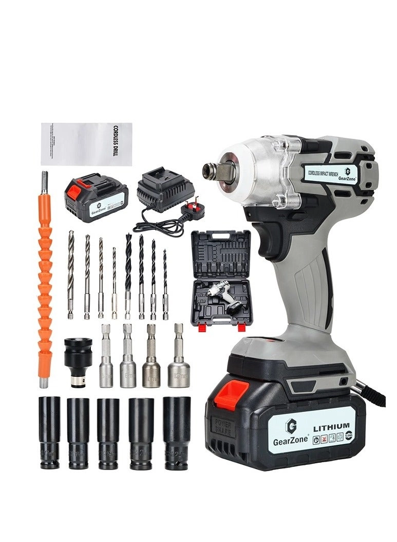 GearZone Brushless Impact Wrench - 2pcs Batteries Adjustable Torque Bundle