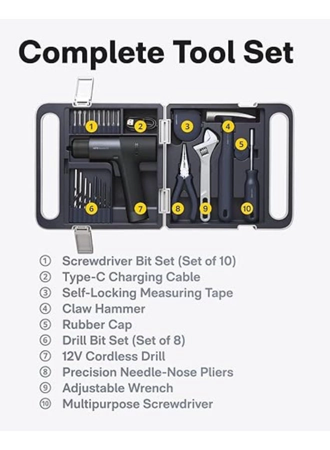 12V Brushless Drill - 30 N-m + Multifunctional Screwdriver + Claw Hammer + Tape Measure - 3 metre + Needle Nose Pliers + Adjustable Tensioner - 25 mm + S2 Steel Bit Set