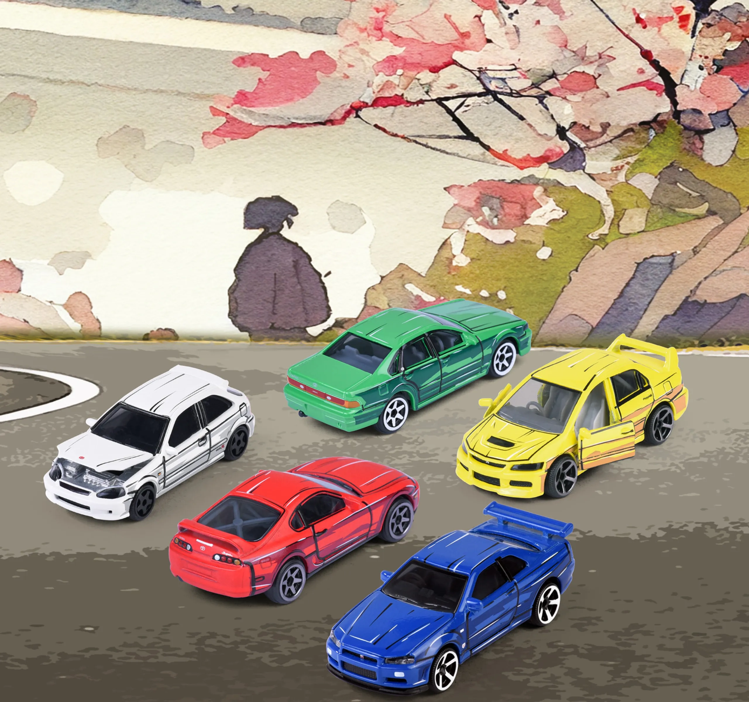 Civic Type R EK9 + Cefiro A31 + Skyline GT-R R34 + Supra JZA80 + Lancer Evolution 9 - 1:64 diecast
