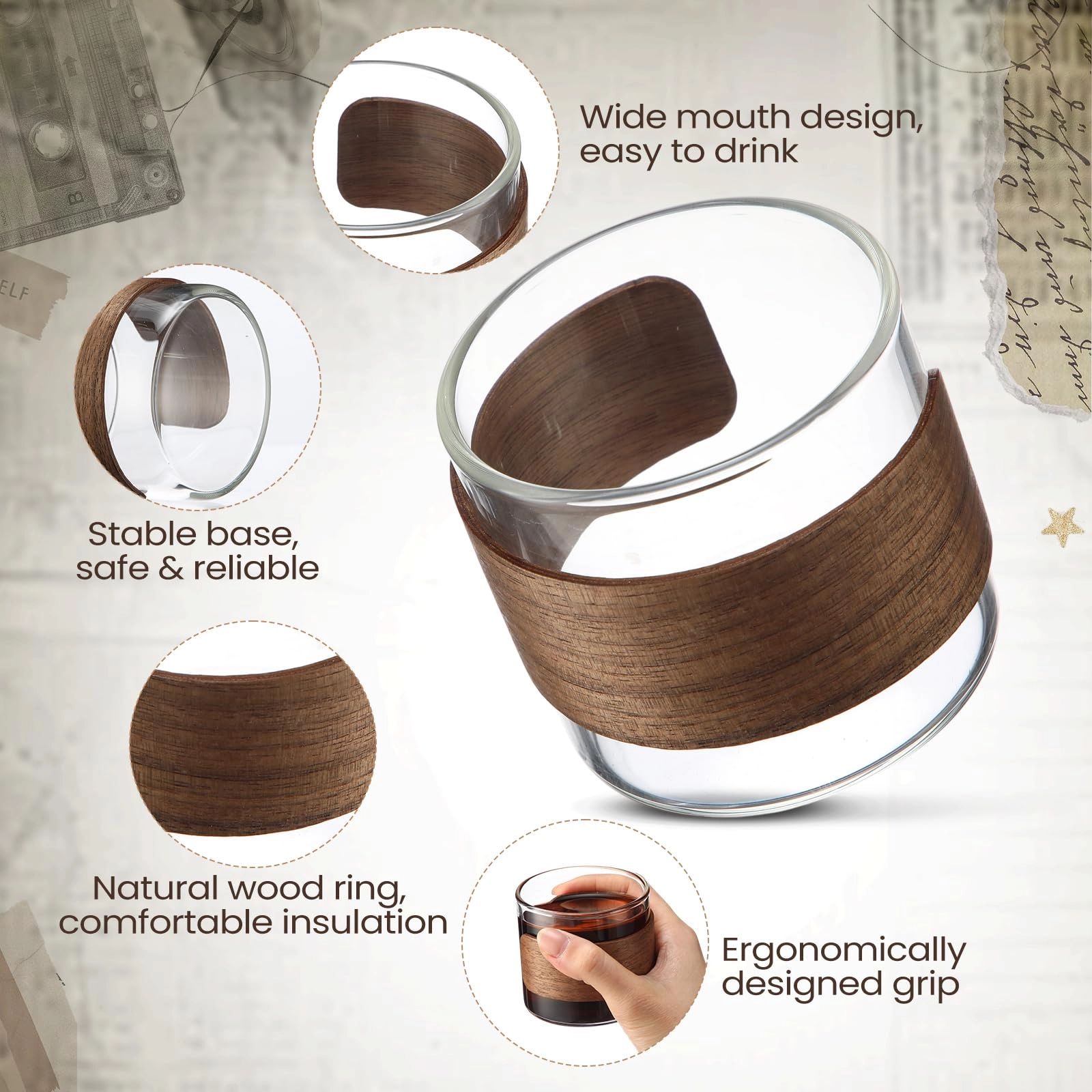 Espresso Reusable Cup - 16 pcs Wooden Ring High Borosilicate Glass
