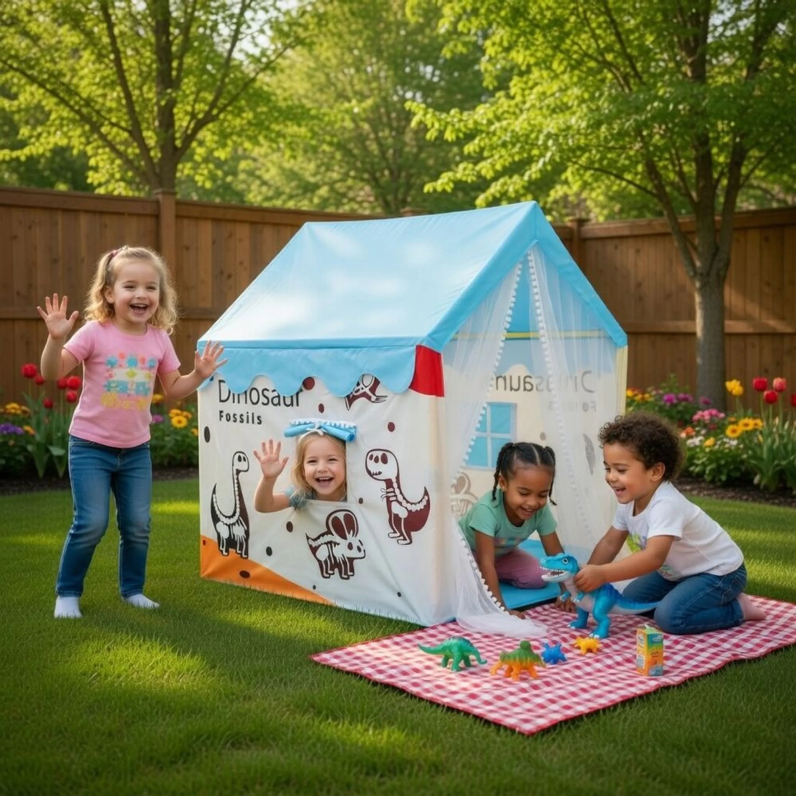 Kids Play Tent House - With Curtains Dinosaur Theme 120 x 120 x 150 cm