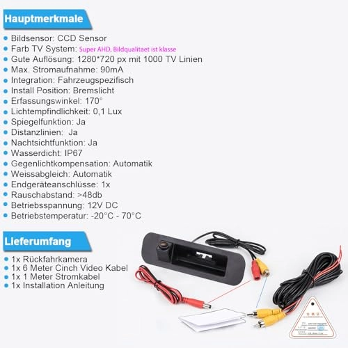 Car Boot Handle Reversing Camera - Night vision Wired 1280P