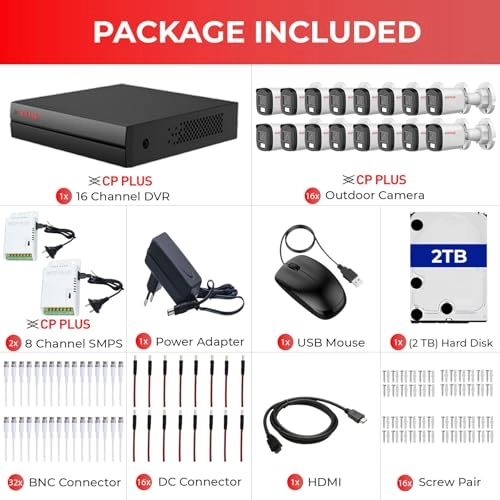 16 Channel Turbo HD DVR + 2 MP Outdoor Camera + 8 Channel Power Supply + Hard Drive - 2 TB + BNC & DC Connectors + HDMI Cable