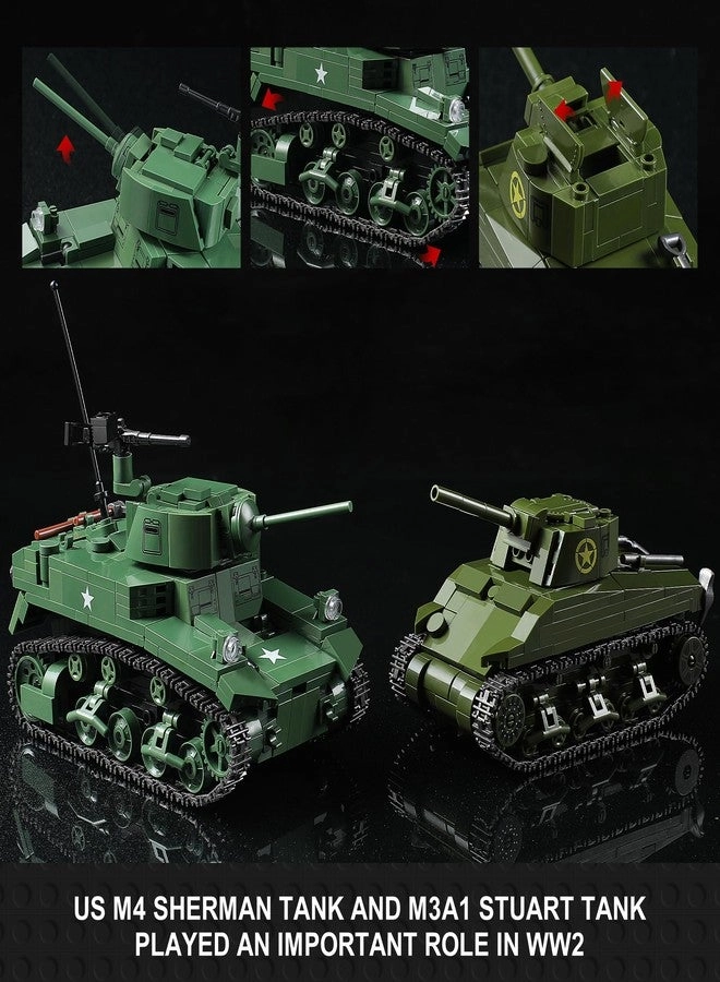 WW2 Army Tank Building Set - 1452 pcs + Sherman Tank + Stuart Tank + War-Torn Building