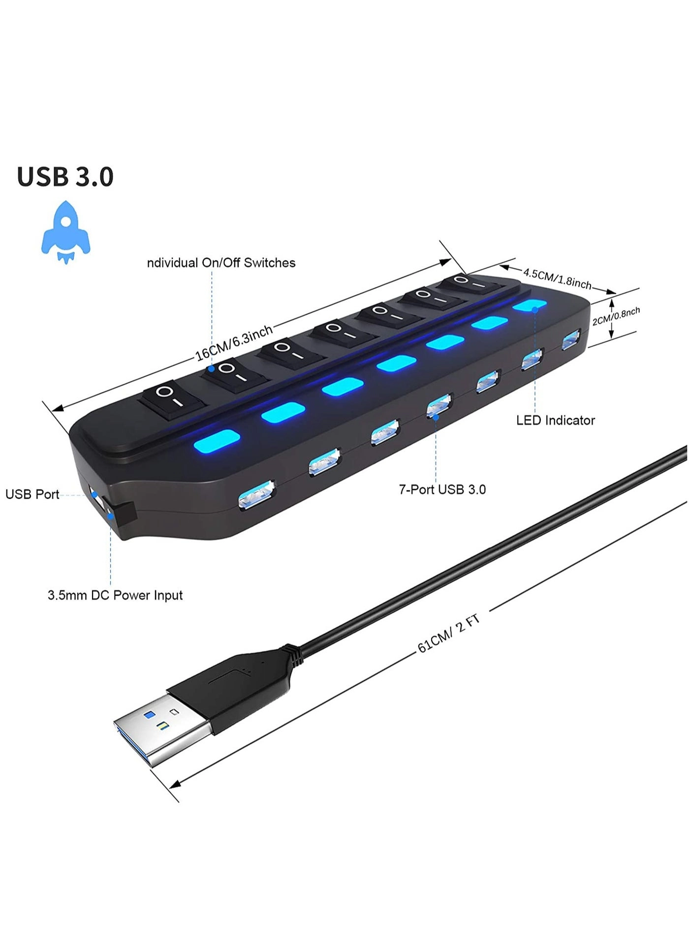 USB 3.0 Hub - 10W Power Adapter 1 Port USB 3.0 6 Port USB 2.0