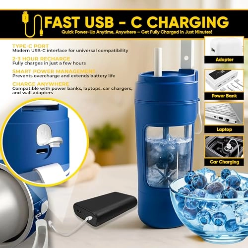 Portable Blender Bottle - Cordless USB-C Stainless Steel Blade BPA Free