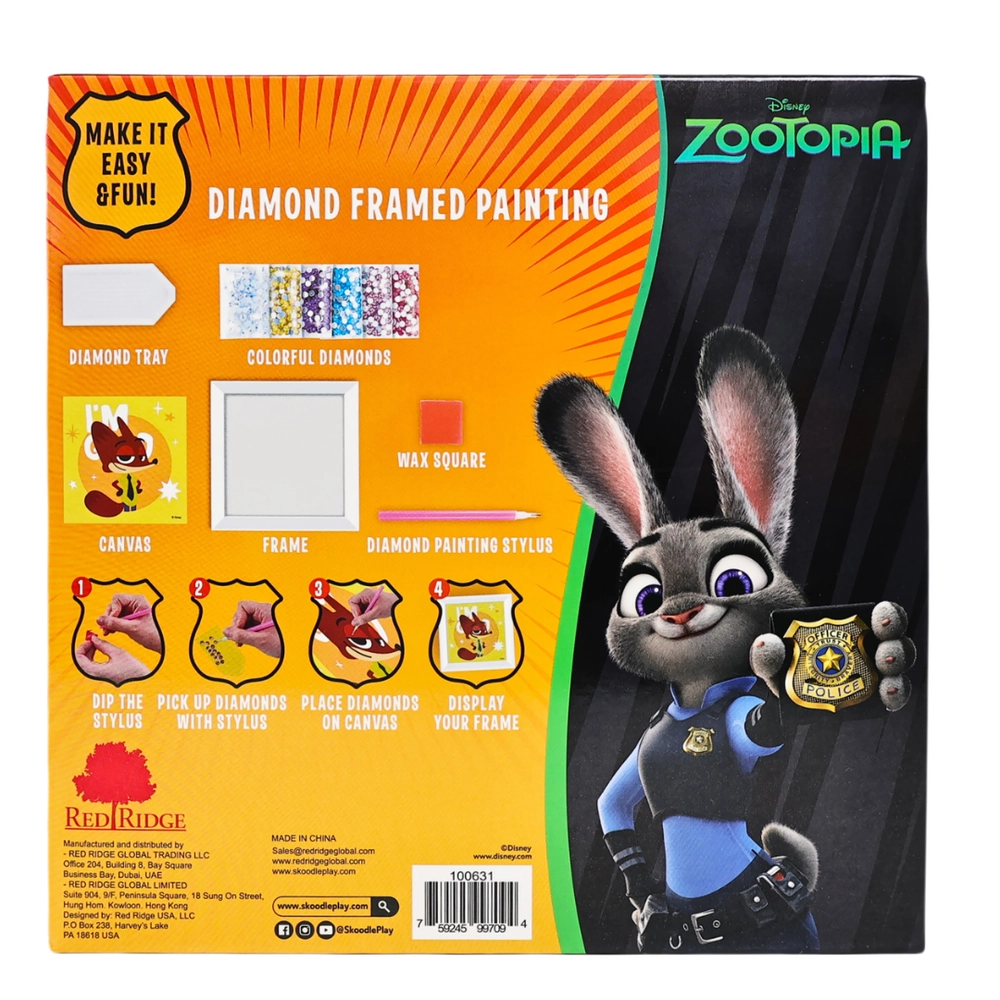 Zootopia Diamond Framed Painting Kit - 1 Canvas, 1 Frame, 1 Diamond Tray, 1 Wax Square, 1 Diamond Painting Stylus, 6 Colorful Diamonds