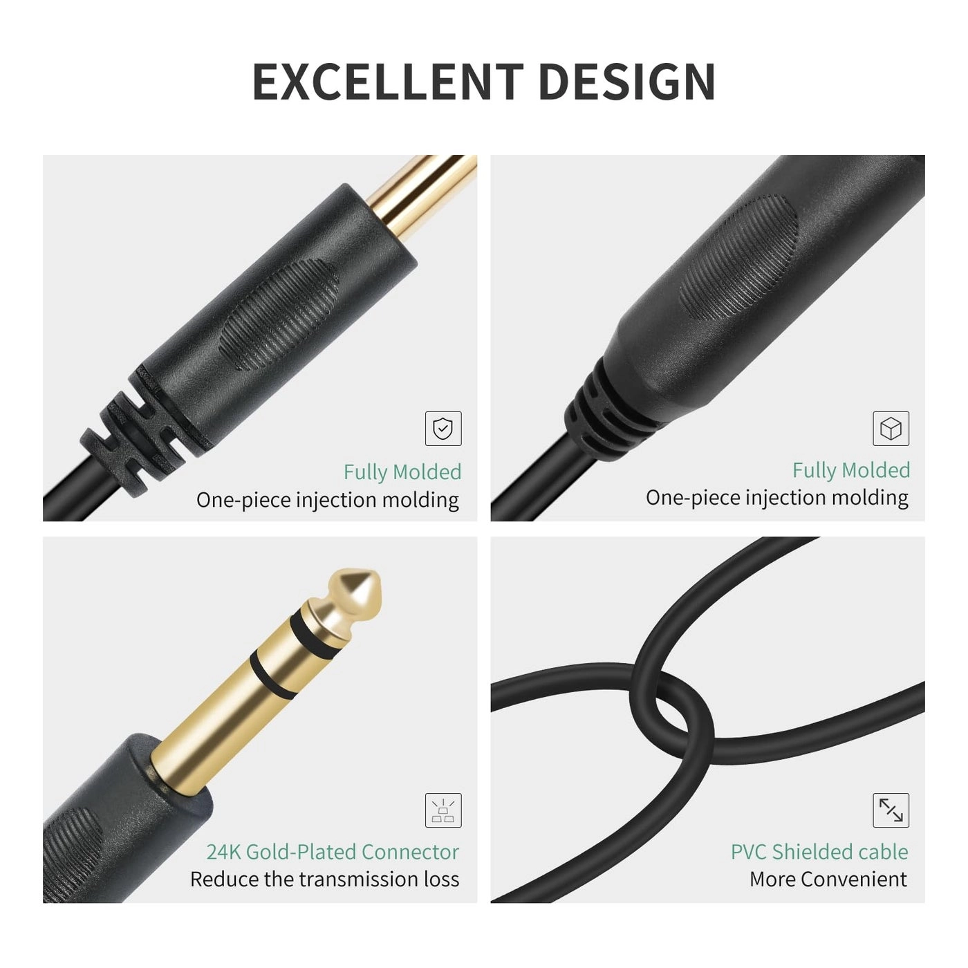 6.35mm 1/4 inch Male Plug Stereo to 2 Dual 1/4 "TRS Female Jack Connector Audio Speaker Cable, Y Splitter Adapter Cable - 20CM / 8Inch