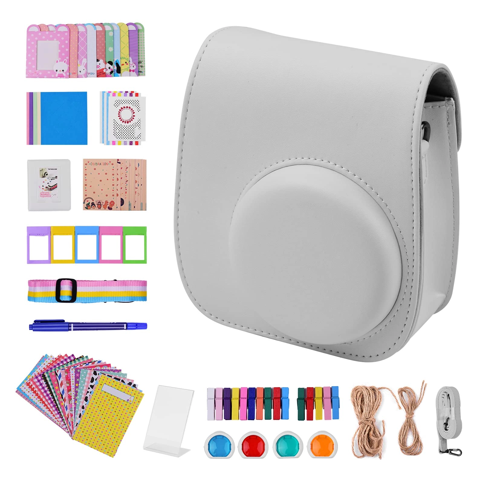 Instant Camera Accessories Kit + Camera Bag + Camera Strap + Photo Album + Photo Clips + Photo Frame + Hanging String + Stickers + Pen + Filt - 12-in-1 leather