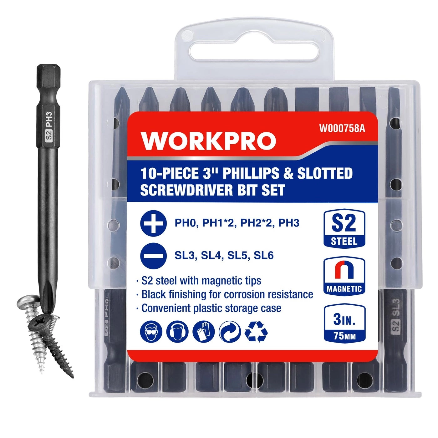 WORKPRO Screwdriver Bit Set - 10pcs 3 Inch Long