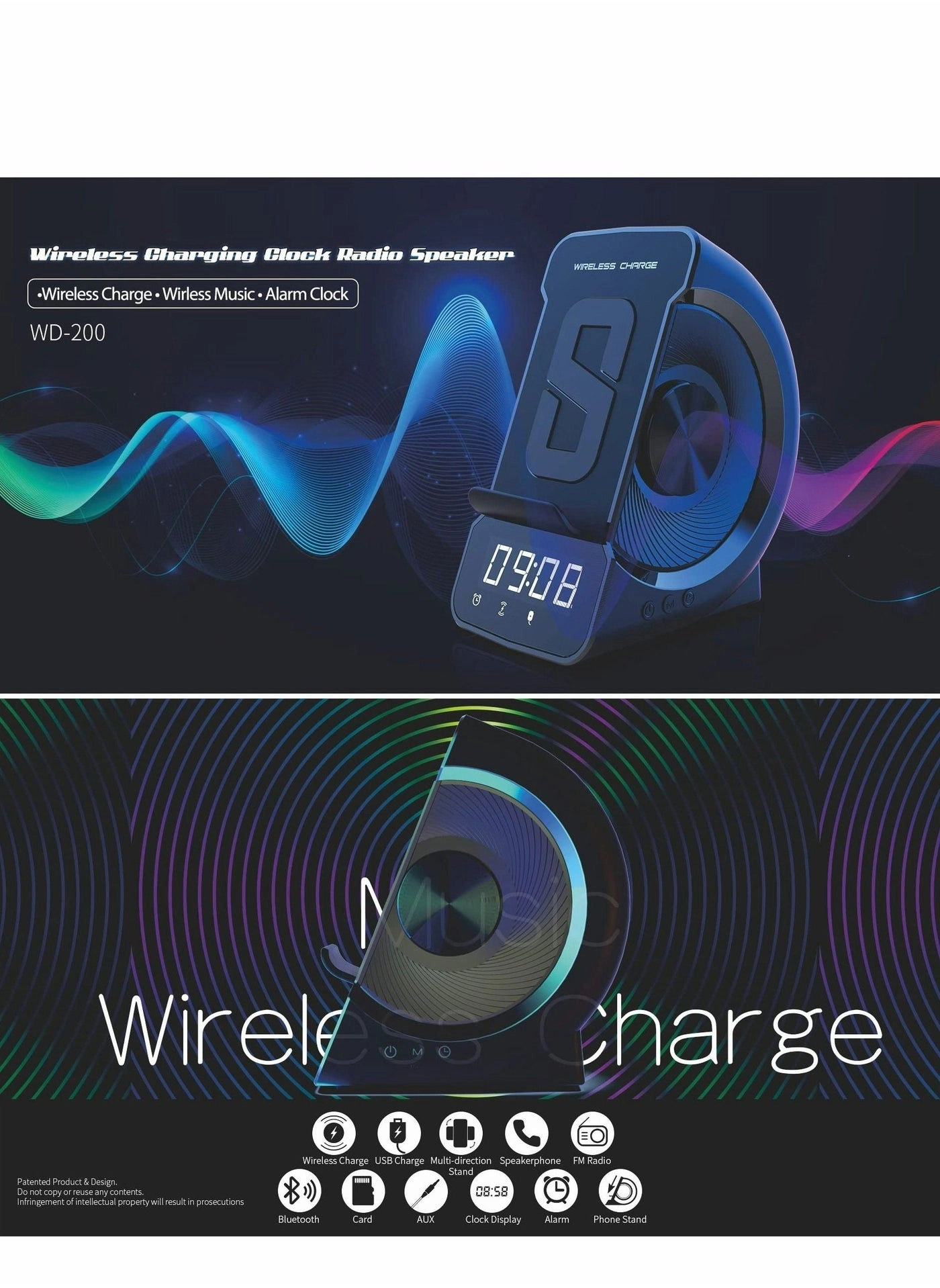 Bluetooth Speaker - Wireless Charger Stand Alarm Clock FM Radio