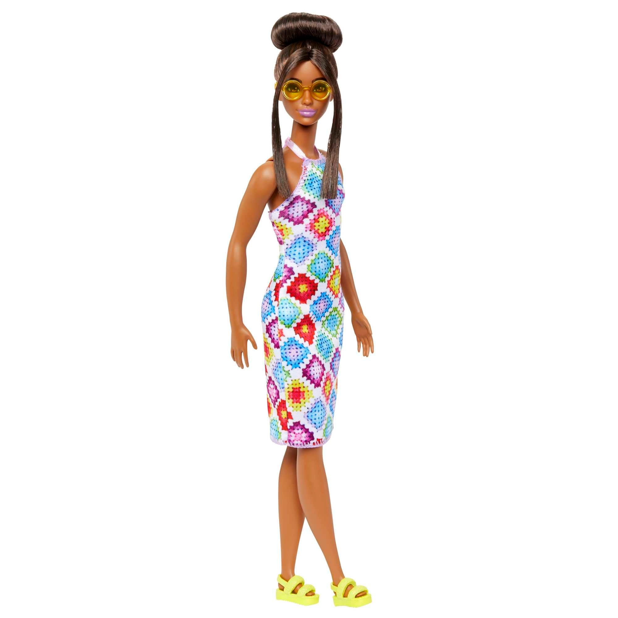 Barbie Fashionistas - #210 Brown Hair in Bun Colorful Crochet Halter Dress Ages 3+