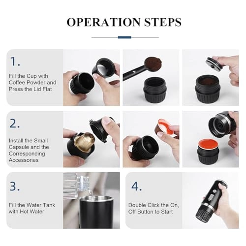 Portable Espresso Machine - 1200mAh Battery Type-C Charging Capsules & Ground Coffee