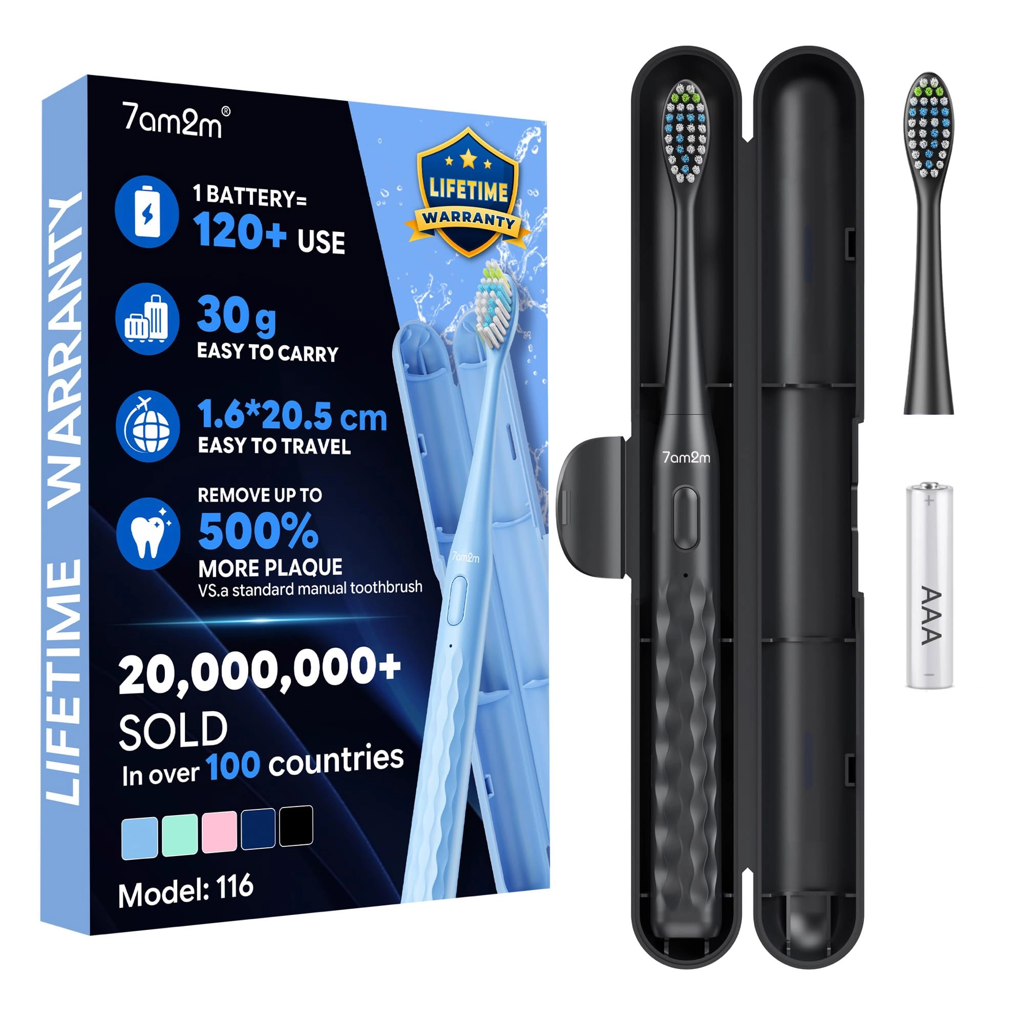 7AM2M Sonic Travel Electric Toothbrush - Travel Case 2 Brush Heads Battery Powered