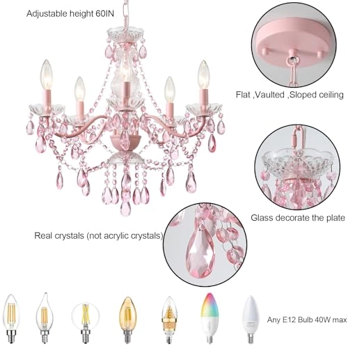 Crystal Pink Chandelier - Dimmable