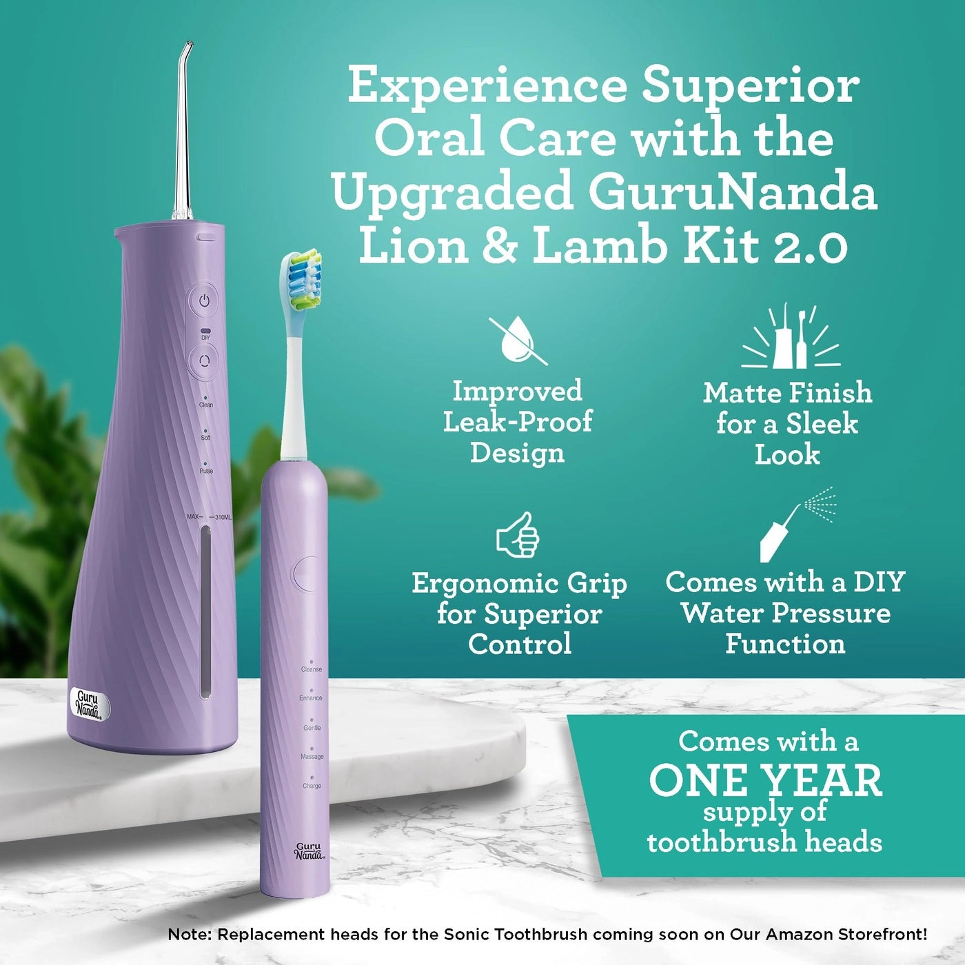 Lion & Lamb Kit 2.0 - 4 Brush Heads Lavender + Water Flosser - 4 Jet Tips IPX7 Waterproof