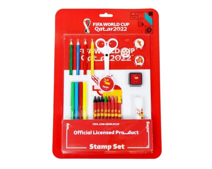 FIFA 2022 Country Stamp And Colour Set - Includes 4 markers 1 scissor 3 stampers 1 ink pad 1 glue 4 colour pencils 8 crayons 1 sharpener 1 activity book 2 sticker sheets