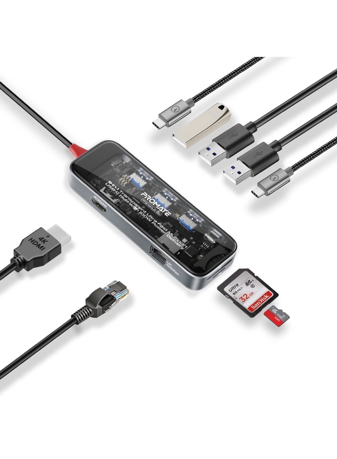 Promate TransHub-Go - 9-in-1 USB Hub 100W USB-C Power Delivery