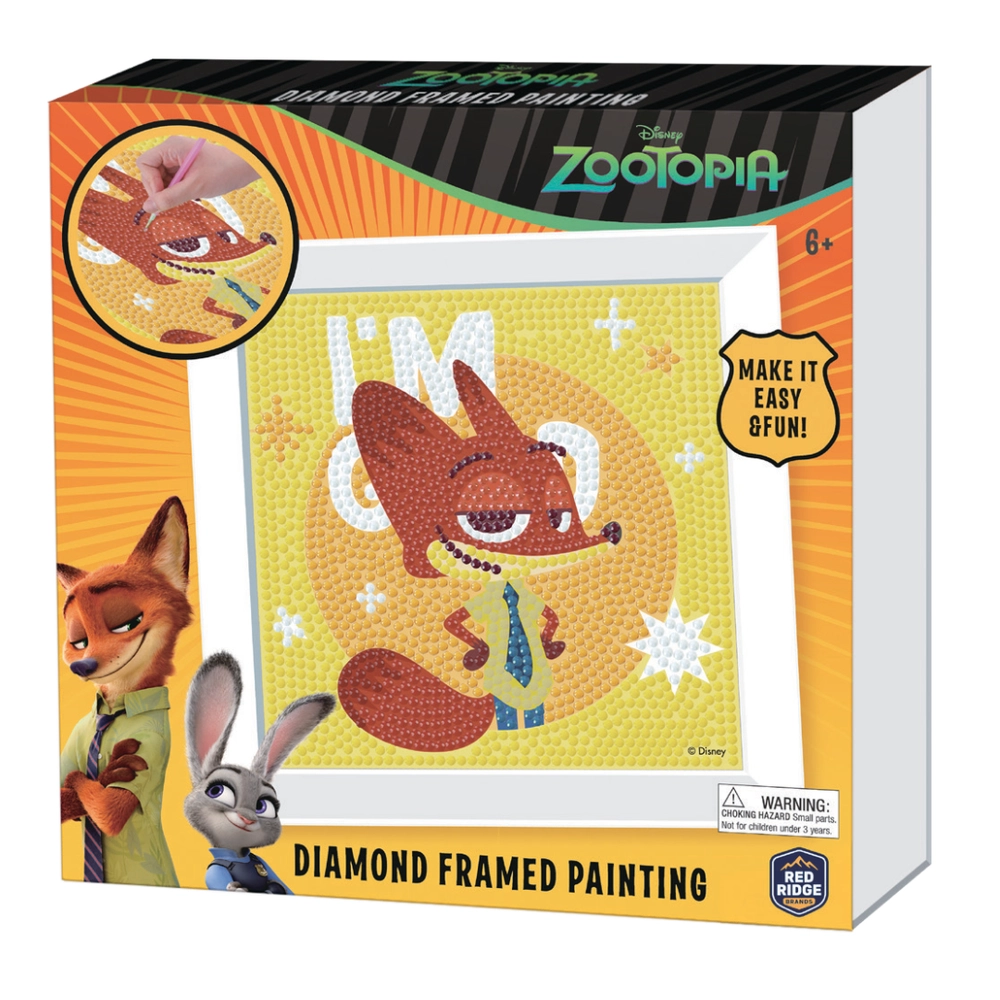 Zootopia Diamond Framed Painting Kit - 1 Canvas, 1 Frame, 1 Diamond Tray, 1 Wax Square, 1 Diamond Painting Stylus, 6 Colorful Diamonds
