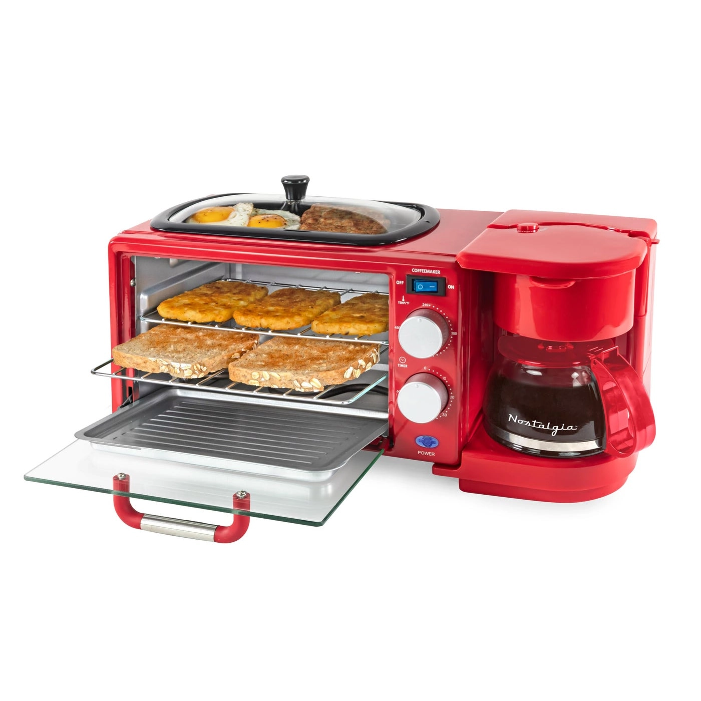 3-in-1 Retro Breakfast Station - 5 Cups Non-Stick Ceramic Griddle 4-Slice Toaster Oven