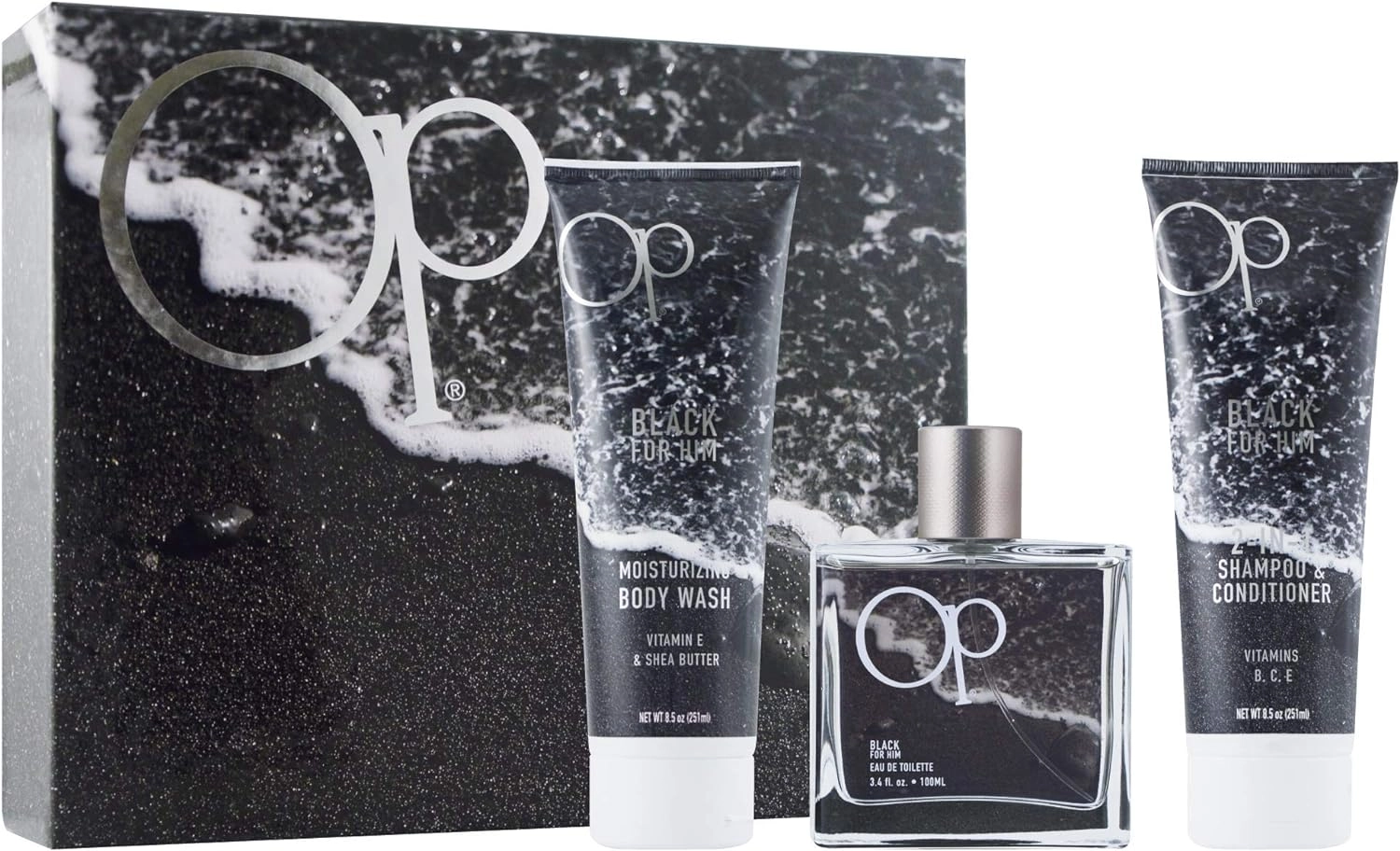 Ocean Pacific OP Black Eau De Toilette Spray - 3.4 Oz + 2-In-1 Shampoo & Conditioner - 8.5 Oz + Moisturizing Body Wash - 8.5 Oz