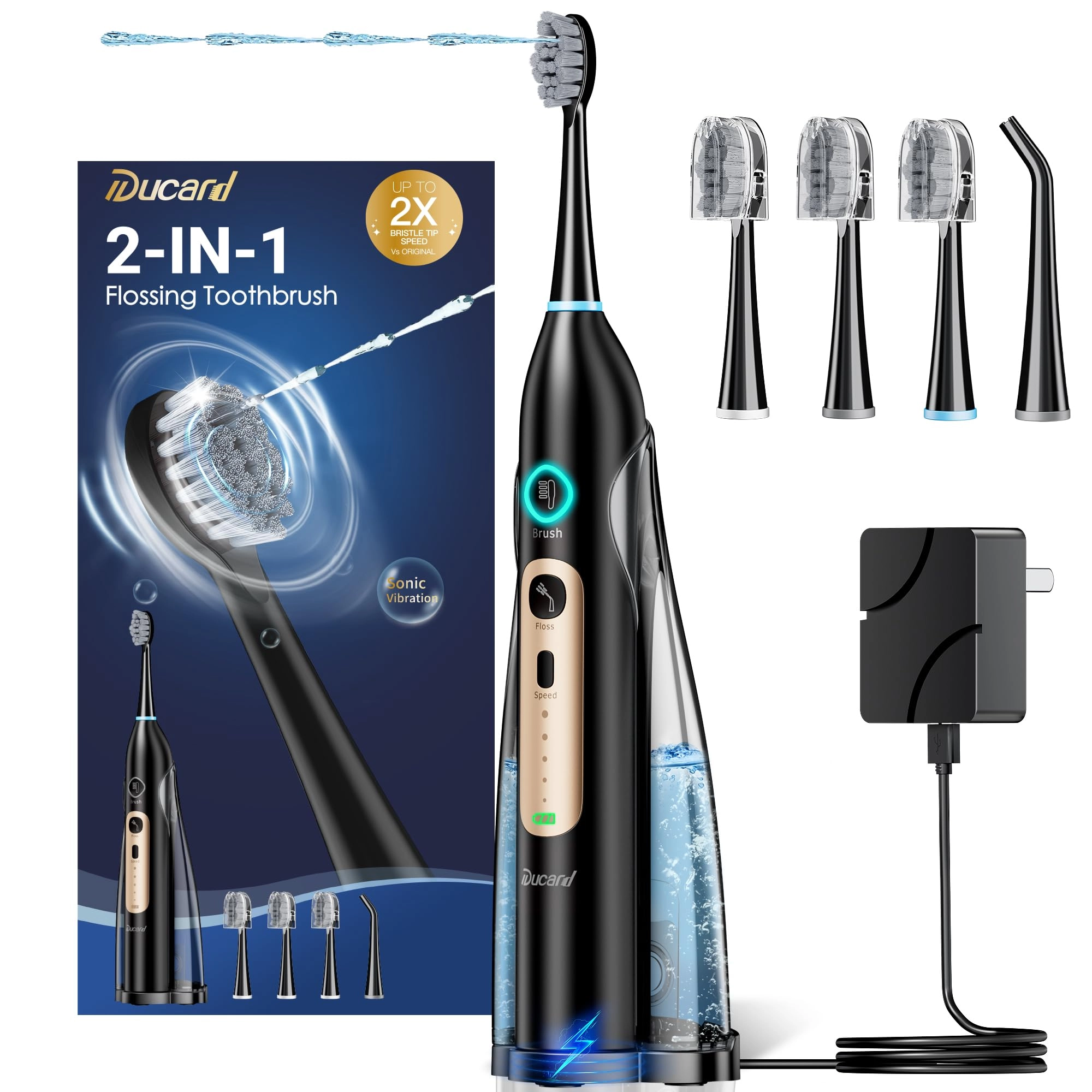 Ducard Electric Toothbrush with Water Flosser Combo - Sonic 3 Brush Modes 5 Floss Speed