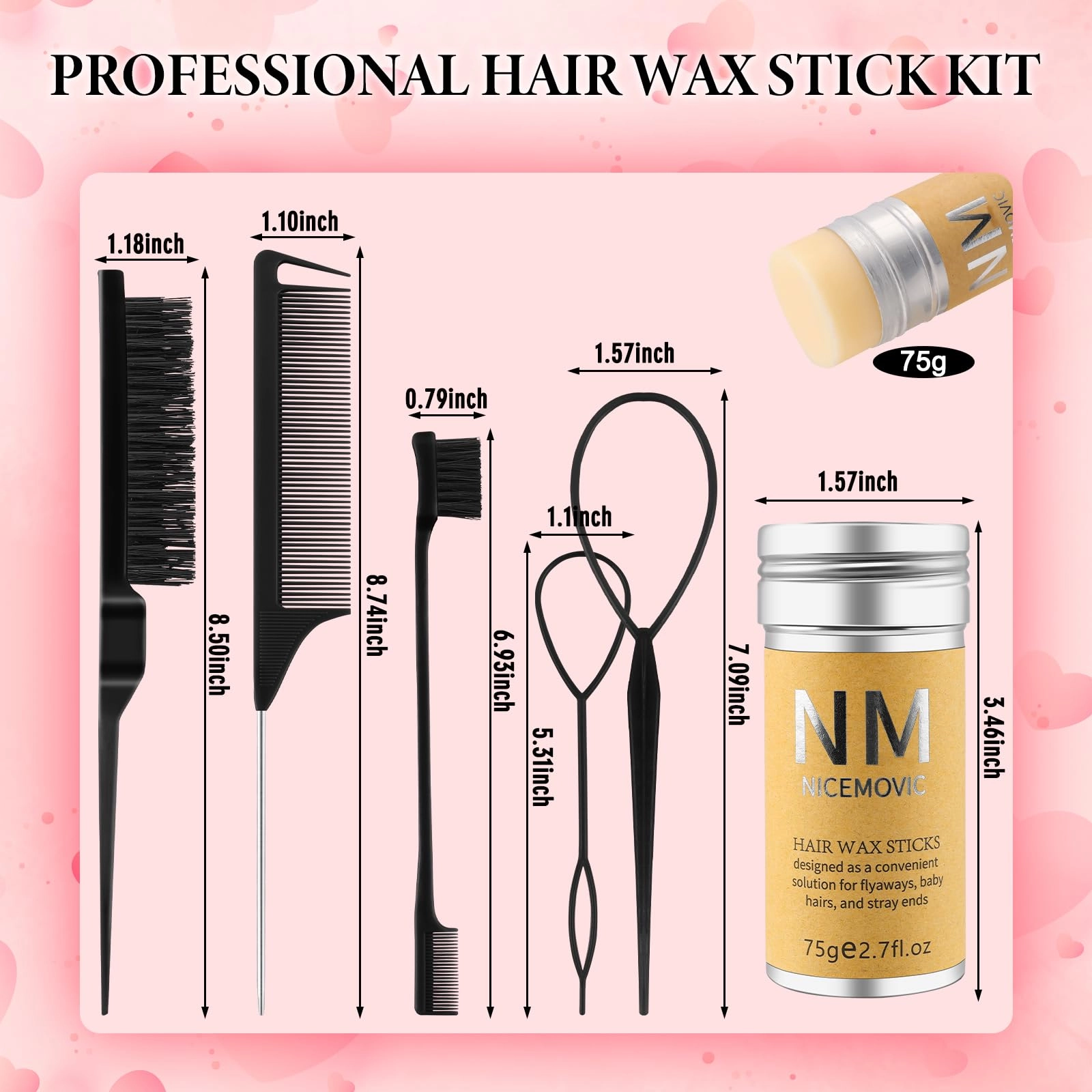 Hair Wax Stick + Electric Hot Comb + Slick Back Hair Brush + Rat Tail Combs + Braid Ponytail Maker + Salon Styling Clips