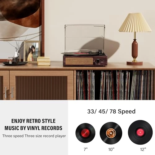 Record Player Turntable - Built-in Bluetooth 3-Speed 2 Stereo Speakers