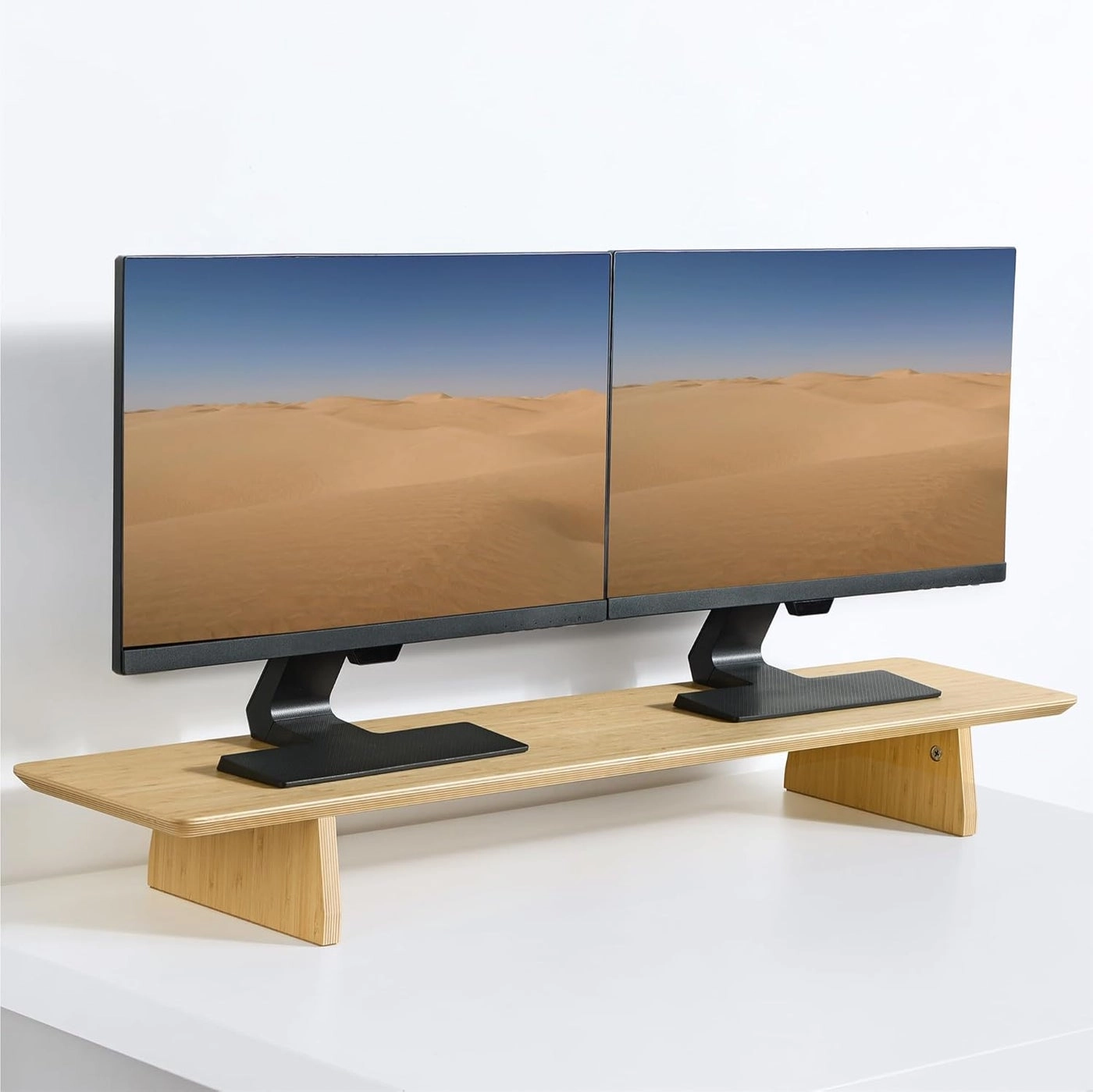 Dual Monitor Stand - Real Wood Double Width