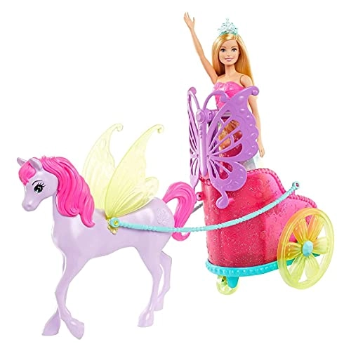 Barbie Dreamtopia Princess Doll - 11.5-in Blonde + Fantasy Horse - Translucent Yellow Wings + Chariot - Vibrant Pink