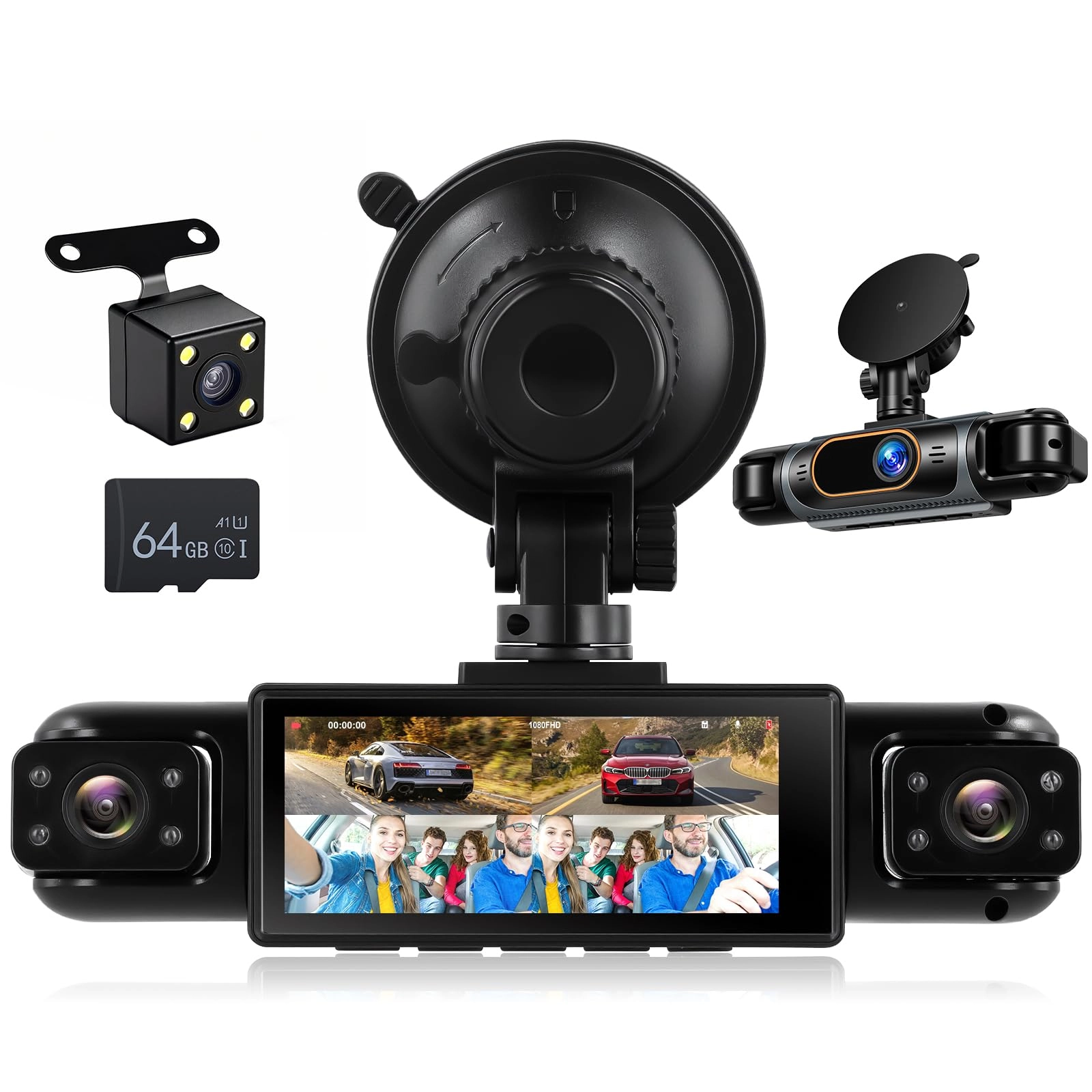 4 Channel Dash Cam Rear View Mirror - 1080P 30FPS + 64GB TF Card