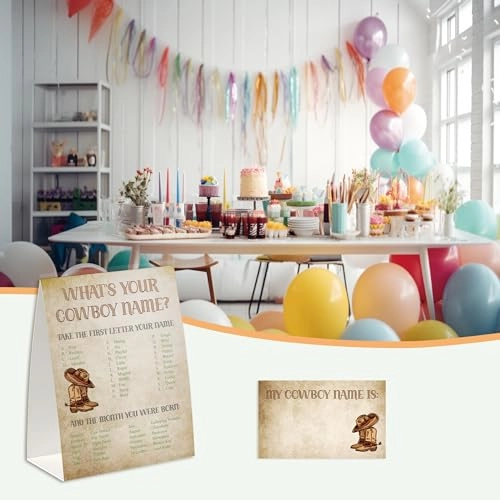 What’s Your Cowboy Name Game - 30 nametag stickers 1 standing sign