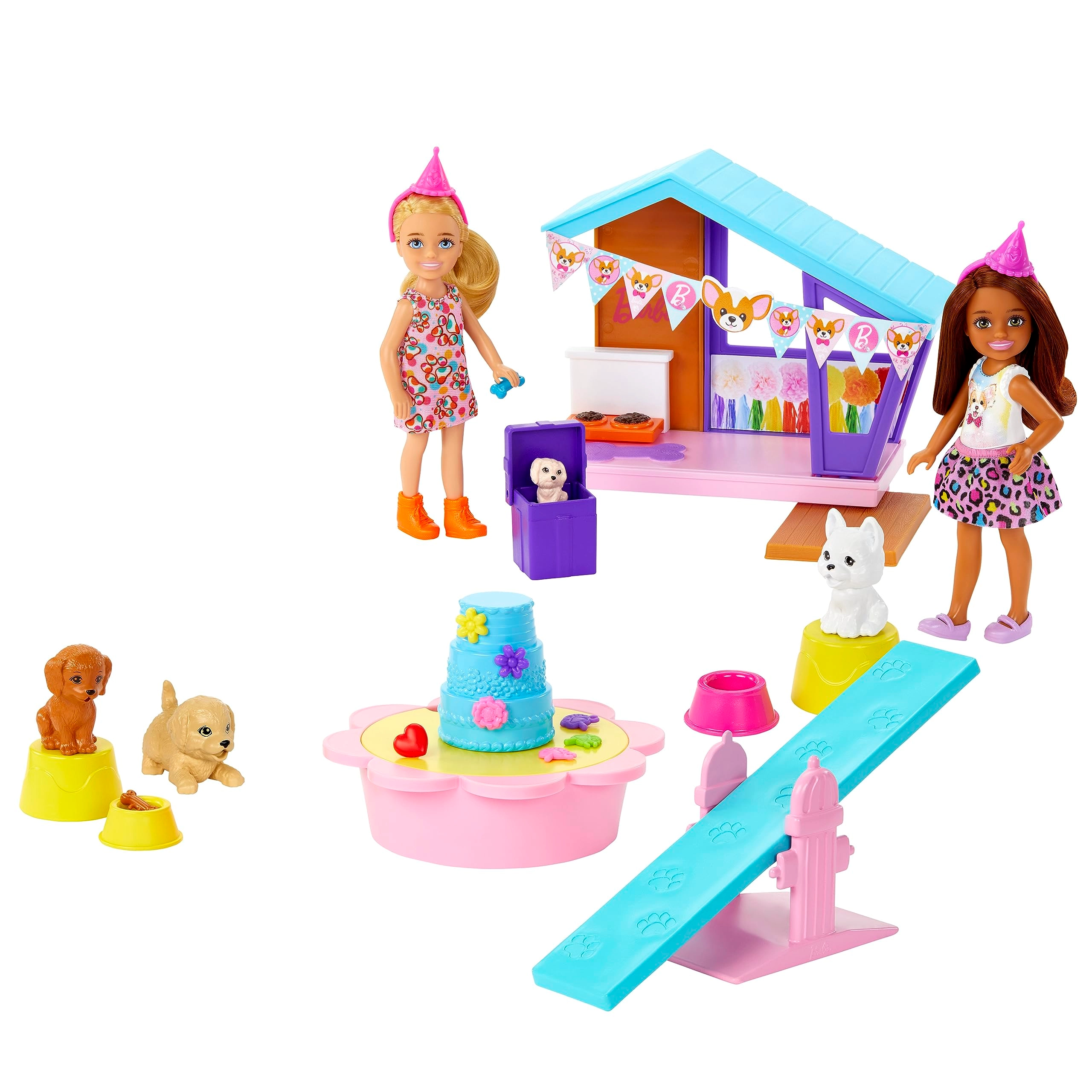 Barbie Chelsea Celebration Fun - 2 Small Dolls 4 Puppies Doghouse Ages 3+