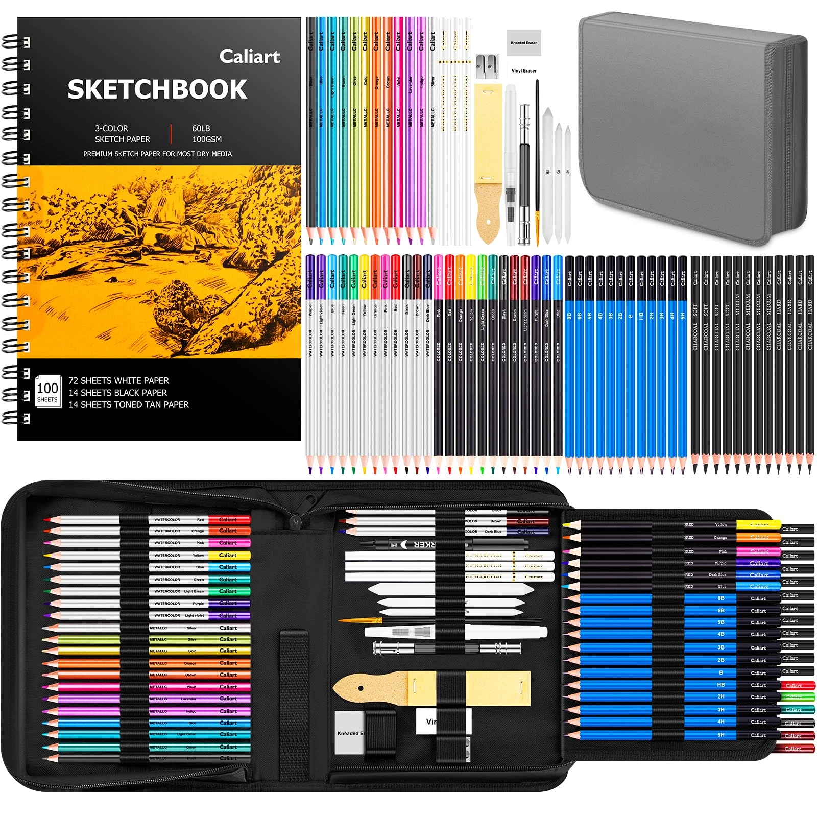 Art Supplies Sketching Kit - 176PCS Graphite Colored Charcoal Watercolor & Metallic Pencils