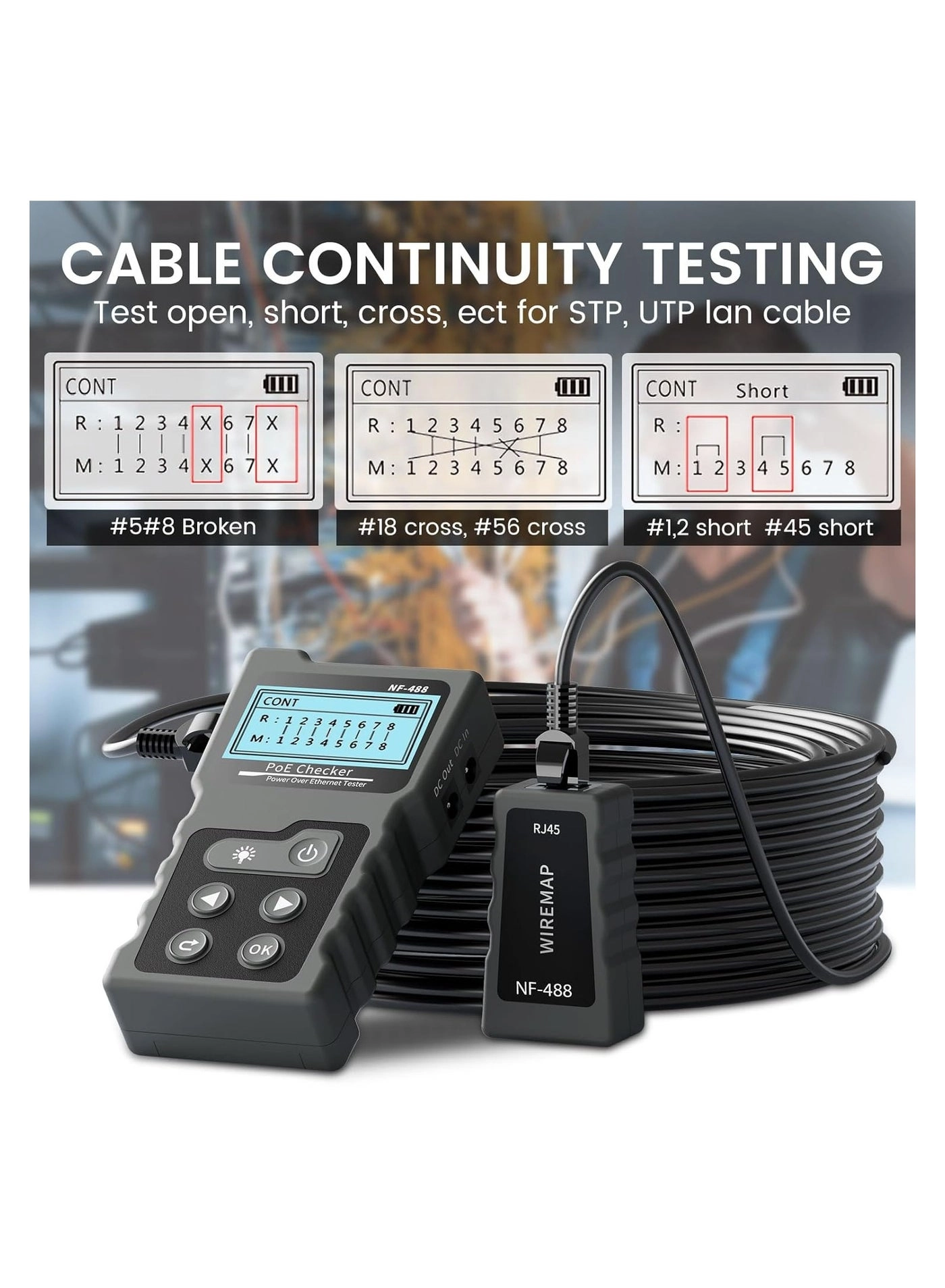 RJ45 Network Cable Tester - Multifunction PoE Ethernet CAT5e/CAT6/CAT6a