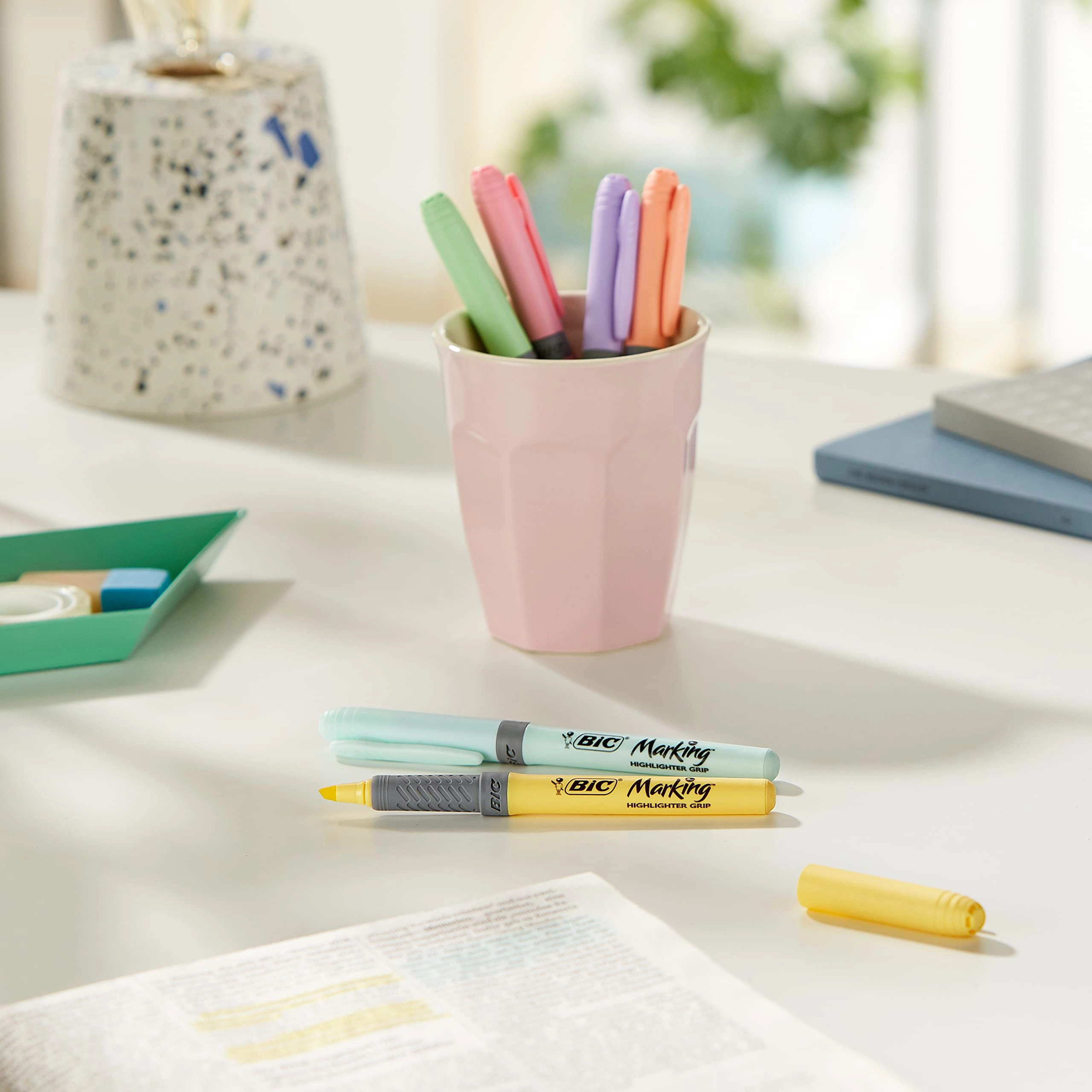 Grip Highlighter Pens - Pastel Orange, Purple, Yellow, Blue, Green, Pink Chisel